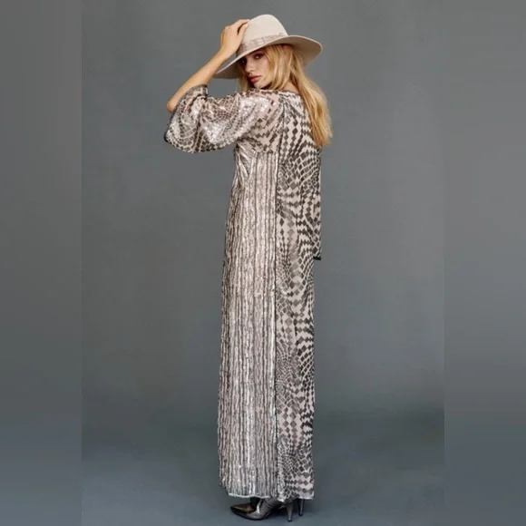 NWT | Free People x Anna Sui Sequin Embroidered Silver Front Slit Maxi Dress XS - Picture 3 of 15